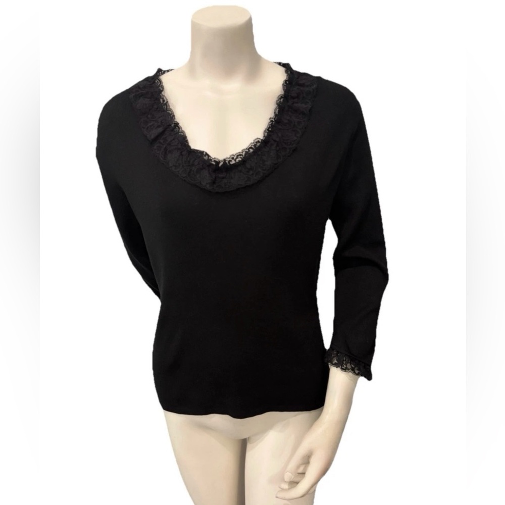 Joseph A. Black Silk Blend Sweater Top L 18 Lace Trim Neck Cuffs Paris NY London